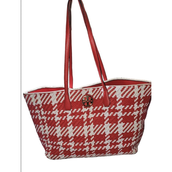 TORY BURCH DUET LARGE WOVEN LEATHER TOTE CHERRY/IVORY/WHITE - Picture 1 of 8